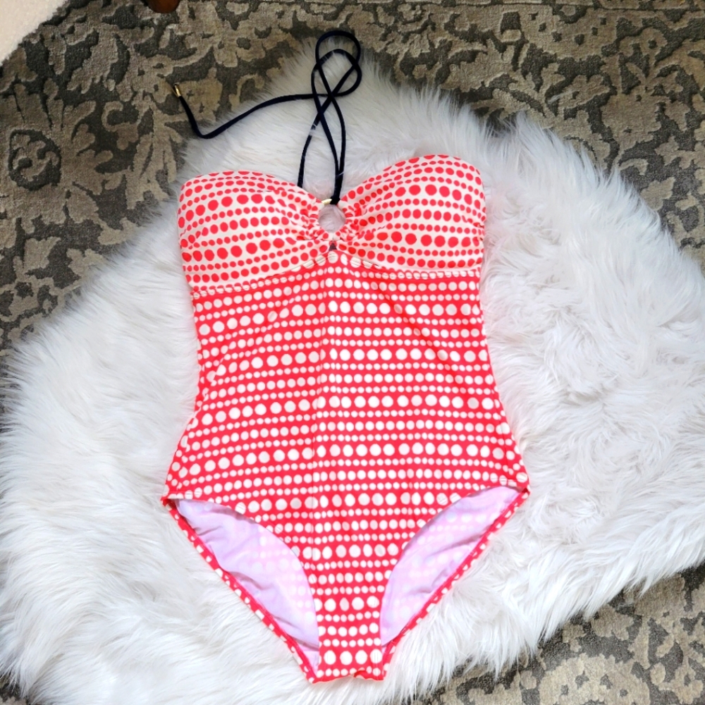 Boden Lido Coral dot string halter one piece